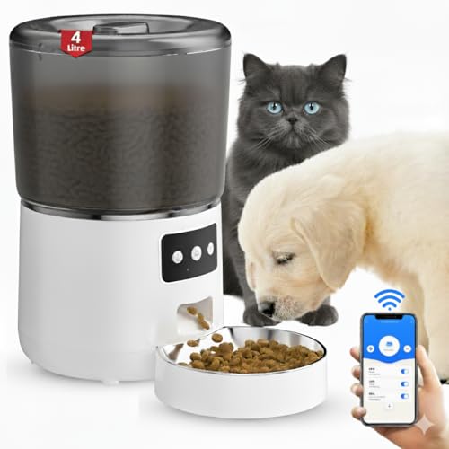 WiFi Automatic Cat & Dog Feeder 4L Food Container Timed Pet Food Dispenser with Programmable Portion Control Remote APP Control 10s Voice Recorder and Clog-Free Design for Small to Medium Pets