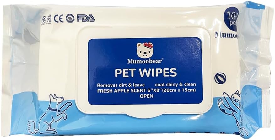 Bear 100Pcs/1Pack Dog Wipes Pet Wipes Cat Grooming Supplies for Paws, Butt, Ear, Skin, Eye, Body Cleaning Bath Stain Odor Remover, Home or Travel Use(Unscented)