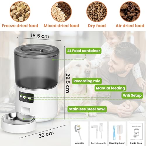 WiFi Automatic Cat & Dog Feeder 4L Food Container Timed Pet Food Dispenser with Programmable Portion Control Remote APP Control 10s Voice Recorder and Clog-Free Design for Small to Medium Pets