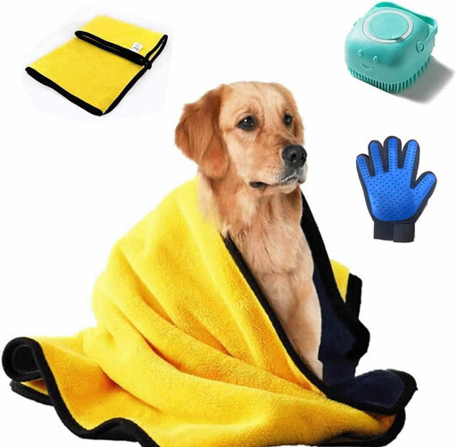 Dog Bath Brush Kit,Pets Bath Grooming Supplies,Super Absorbent Pet Dog and Cat Microfiber Drying Towel,Pet Bath Towel With Dog Lick Mat and Dog Shampoo Massage Dispenser Shower (3pcs)