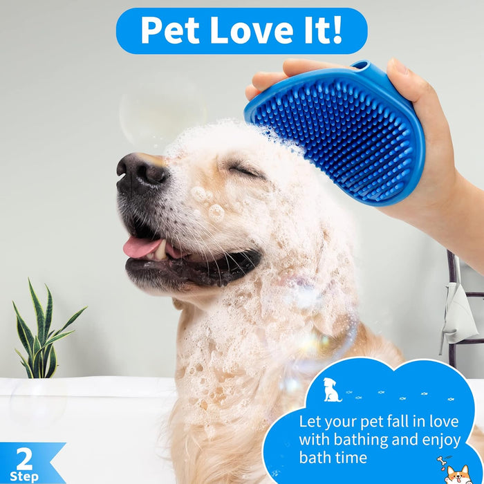 Dog Bath Brush and Shampoo Scrubber With Adjustable Ring Handle for Short & Long Hair (Blue)