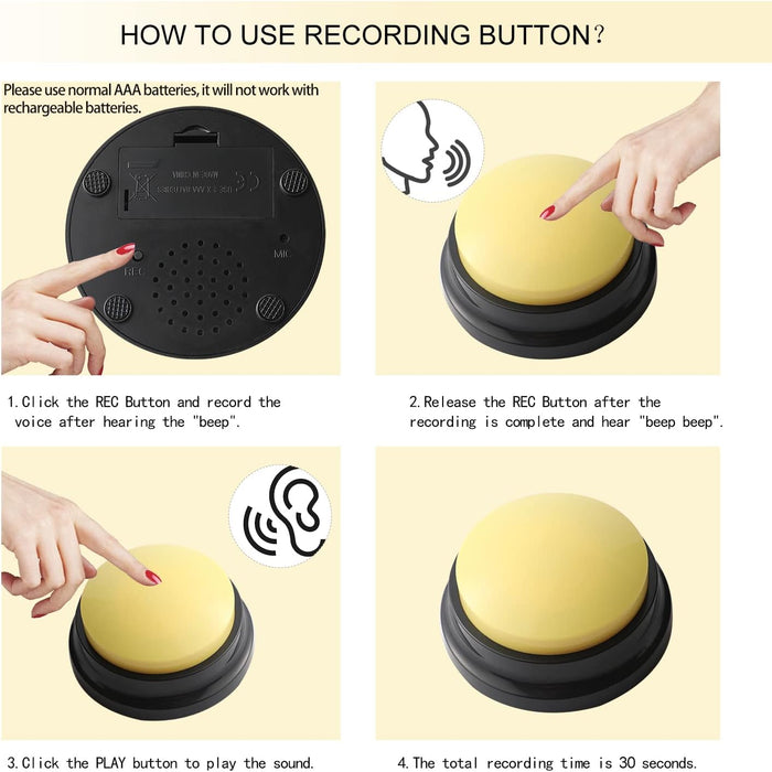 Voice Recording Button, Dog Buttons for Communication Pet Training Buzzer, 30 Second Record & Playback, Funny Gift for Study Office Home 4 Packs (Blue+Pink+Yellow+Purple)