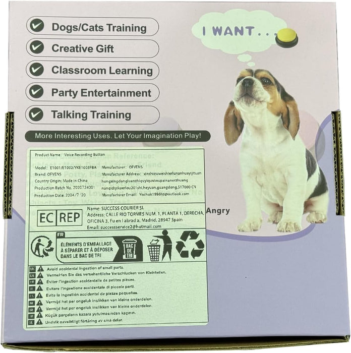 Voice Recording Button, Dog Buttons for Communication Pet Training Buzzer, 30 Second Record & Playback, Funny Gift for Study Office Home 4 Packs (Blue+Pink+Yellow+Purple)