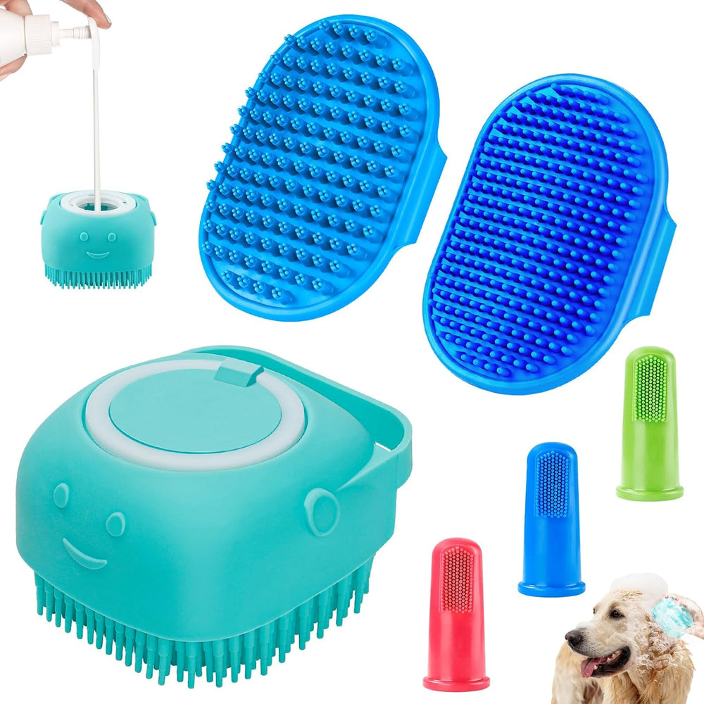 Dog Bath Brush and Shampoo Scrubber With Adjustable Ring Handle for Short & Long Hair (Blue)