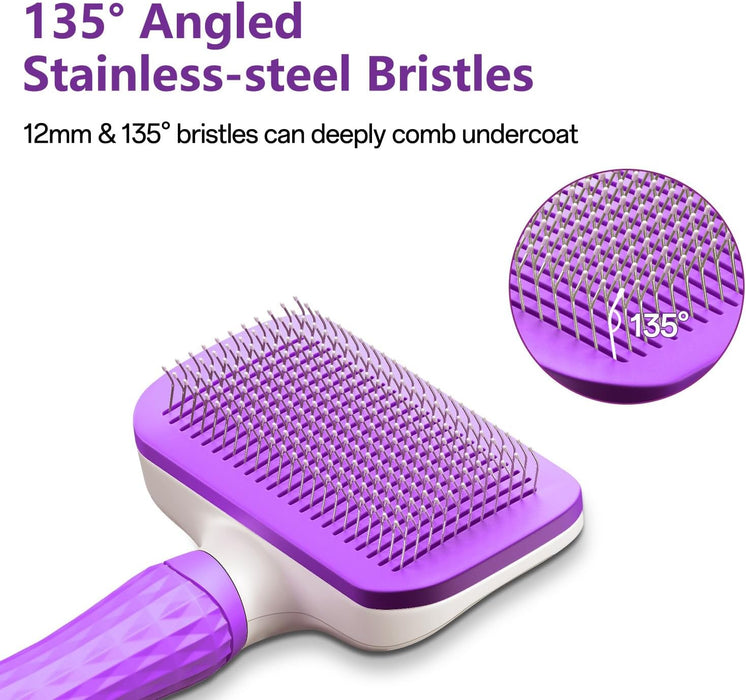 Cat Brush, Dog Brush, Self Cleaning Cat Dog Slicker Brush, Pet Grooming Comb Brush for Long and Short Haired Cats Dogs, Purple