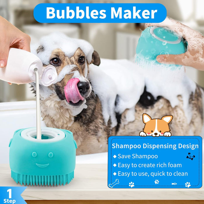 Dog Bath Brush and Shampoo Scrubber With Adjustable Ring Handle for Short & Long Hair (Blue)