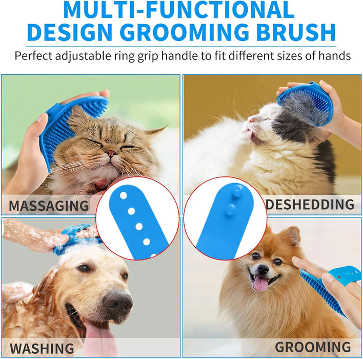 Dog Bath Brush and Shampoo Scrubber With Adjustable Ring Handle for Short & Long Hair (Blue)