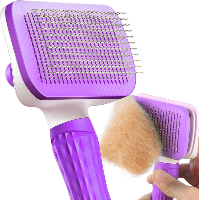 Cat Brush, Dog Brush, Self Cleaning Cat Dog Slicker Brush, Pet Grooming Comb Brush for Long and Short Haired Cats Dogs, Purple